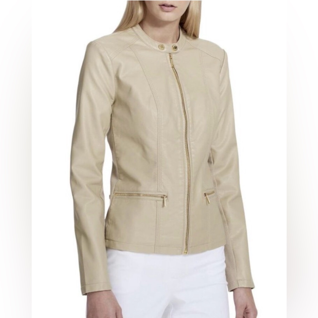Calvin Klein Beige Zip-Front Faux Leather Moto Jacket